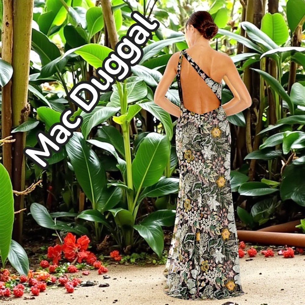 Mac Duggal Green, Black and Orange Tropical and Floral Sequin, Backless Dress - Picture 6 of 11